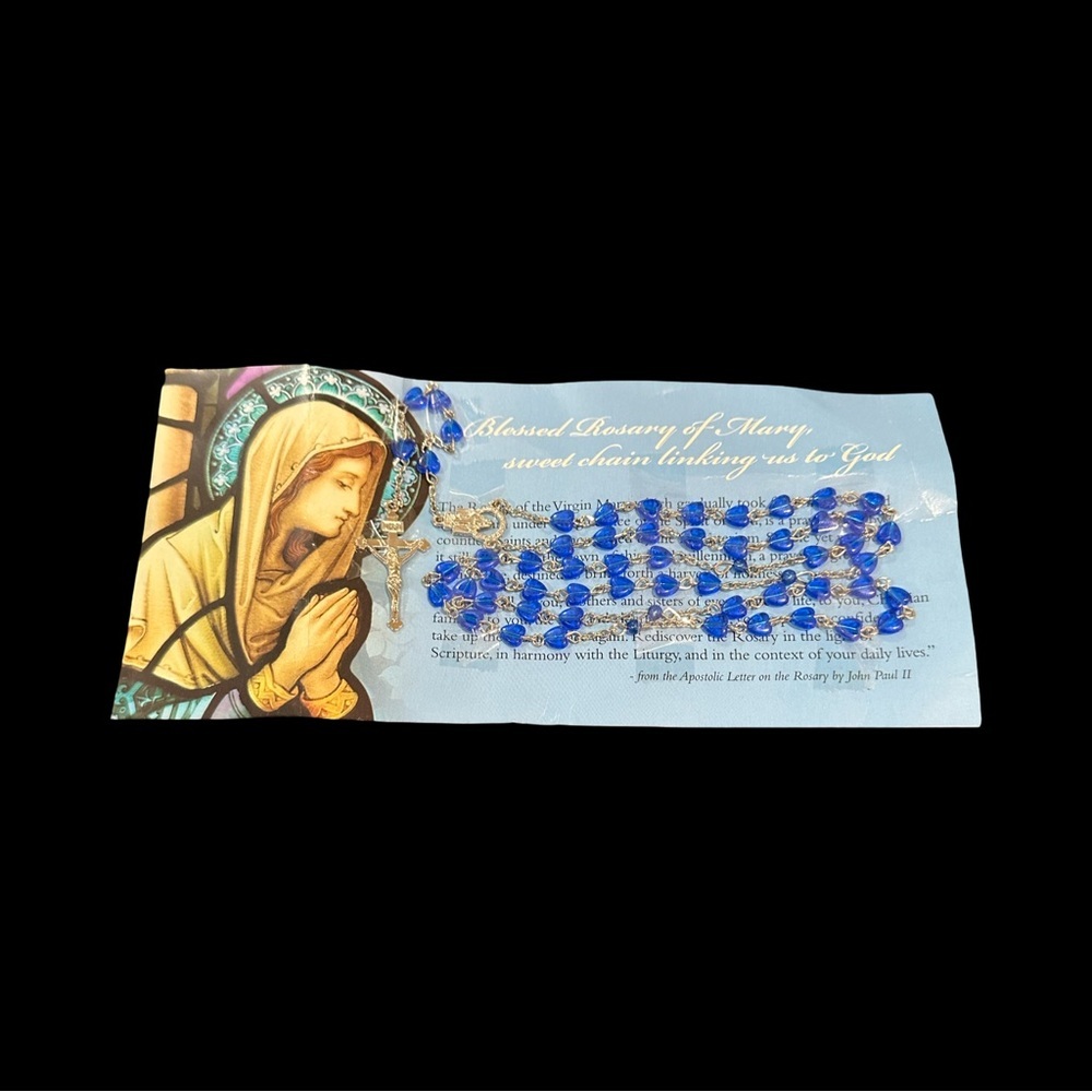 Blessed Virgin Mary Blue Heart Beaded Rosary Necklace